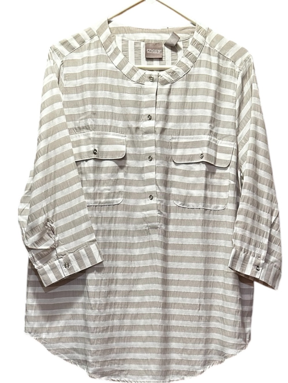 Chico's Beige and White Striped Button-Front Tunic Blouse